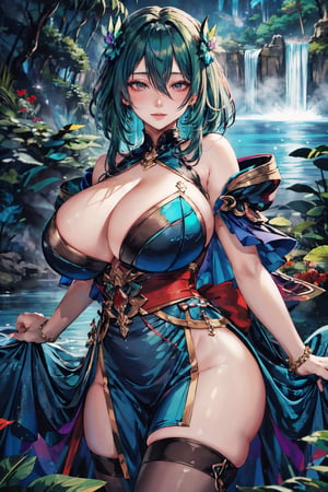 8k, (absurdres, highres, ultra detailed), (1lady:1.3), Big boobs1:3, curvy, sexy, large_breast, cute, Circle, shiny_skin, shiny_hair, (huge breasts:1.2), cascading waterfall, iridescent blue-green. Amidst floating islands and cascading waterfalls, girl surrounded by butterfly-like creatures shimmering in every hue, translucent clothes, ((masterpiece, best quality, cinema light)), sharp focus, gradient hair, green hair, hair between eyes.