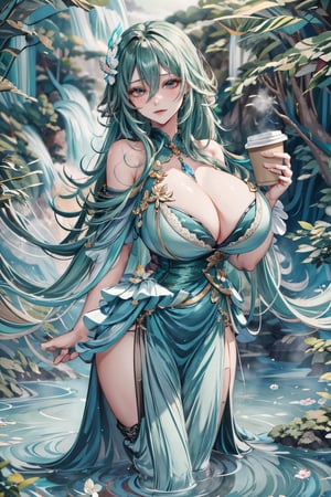 8k, (absurdres, highres, ultra detailed), (1lady:1.3), Big boobs1:3, curvy, sexy, large_breast, cute, Circle, shiny_skin, shiny_hair, (huge breasts:1.2), cascading waterfall, iridescent blue-green. Amidst floating islands and cascading waterfalls, girl surrounded by butterfly-like creatures shimmering in every hue, translucent clothes, ((masterpiece, best quality, cinema light)), sharp focus, gradient hair, green hair, hair between eyes.,Circle,DonMG414 ,(paper cup)
