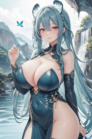 8k, (absurdres, highres, ultra detailed), (1lady:1.3), Big boobs1:3, curvy, sexy, large_breast, cute, Circle, shiny_skin, shiny_hair, (huge breasts:1.2), cascading waterfall, iridescent blue-green. Amidst floating islands and cascading waterfalls, girl surrounded by butterfly-like creatures shimmering in every hue, translucent clothes, ((masterpiece, best quality, cinema light)), sharp focus, gradient hair, green hair, hair between eyes.,Circle