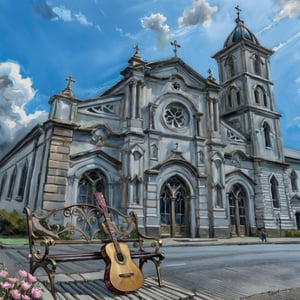 a picture of a guitar sits along with one of a bench in front of a grey church, no humans, sky, instrument, scenery, cloud, day, outdoors, pink flowers flying in the air, artistic oil painting stick,oil paint,art by sargent,more detail XL,3D,FlowerStyle,watercolor \(medium\)