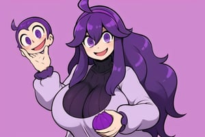 Highly detailed, High Quality, Masterpiece, beautiful, DisembodiedHead, occult,long hair,ahoge,hairband,@ @,1girl,purple hairband,dress,messy hair,smile,huge breasts,hair between eyes,looking at viewer,solo,bangs,purple hair,alternate breast size,open mouth,purple eyes,simple background,long sleeves,occult mania girl,DisembodiedHead, holding head