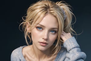 (masterpiece), photorealistic, (best quality), ultra detailed, (1 pretty woman), detailed beautiful shyly face, tilt own head, want to say something, disheveled up middle blonde hair, front hair up, detailed blue eyes, wearing sweater, (perfect anatomy), simple background, (view from side:0.5), looking at viewer. ,sks woman
