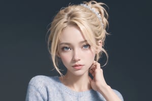 (masterpiece), photorealistic, (best quality), ultra detailed, (1 pretty woman), detailed beautiful shyly face, tilt own head, want to say something, disheveled up middle blonde hair, front hair up, detailed blue eyes, wearing sweater, (perfect anatomy), simple background, (view from side:0.5), looking at viewer. ,sks woman