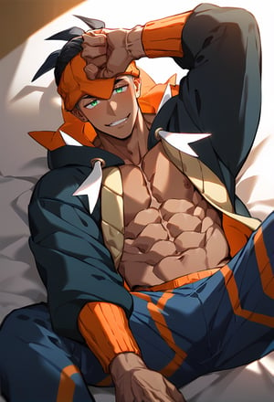  score_9, score_8_up, score_7_up, rating explicit, 1boy, male focus, black hair,orange headwear,green eyes, hoodie,trouser,dark-skinned male,,handsome pose,laying on bed, abs exposed,posing,indoor,best quality, amazing quality, best aesthetic, absurdres, year 2023,