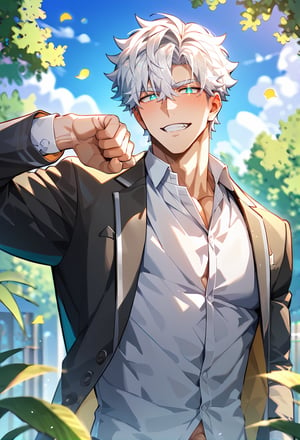  score_9, score_8_up, score_7_up, rating explicit, 1boy, male focus, white hair,aqua eyes,glowing eyes,suit shirt,handsome pose,outdoor,best quality, amazing quality, best aesthetic, absurdres, year 2023,kyouya onodera
