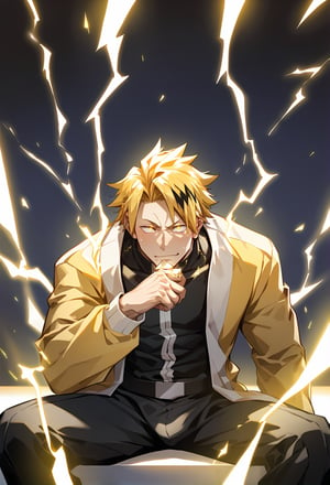  (zPDXL),score_9, score_8_up, score_7_up, rating explicit, 1boy, male focus,yellow hairs with few black hairs,glowing eyes,(emotionless,calm face,mouth closed),mature,black bodysuit,yellow jacket,wide shoulder,sitting,indoor,electricity,lightning bolt,best quality, amazing quality, best aesthetic, absurdres, year 2023, ,denki_kaminari, blonde hair,