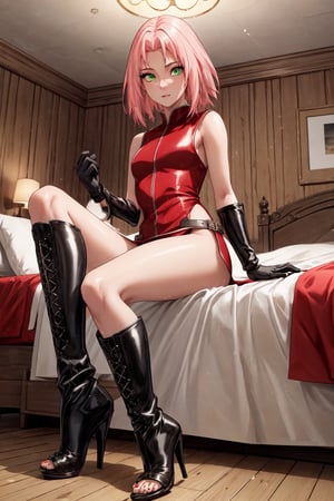 (masterpiece, best quality), (high detailed skin, detailed eyes:1.1), green eyes, detailed eyes 8k uhd, soft lighting, intricate details, best quality, grain, 1girl,  full body view, long legs, sexy,  black Peep Toe Knee High Boots, detailed boots, haruno sakura,red sleeveless dress, black footwear, in her bedroom, simple_background, look to the camera, black, gloves, small feet, high heel boots, open toe footwear, 