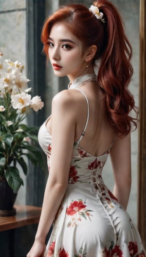 Create a woman tying her hairs in ponytail, pure,beautiful,white floral flared short dress,detailed eyes,lovely,long red hair,v form face,hourglass body.,photo r3al,aesthetic portrait,full body shot
