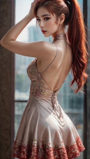Create a woman tying her hairs in ponytail, pure,beautiful,red flared short dress,detailed eyes,lovely,long red hair,v form face,hourglass body.,photo r3al,aesthetic portrait,full body shot
