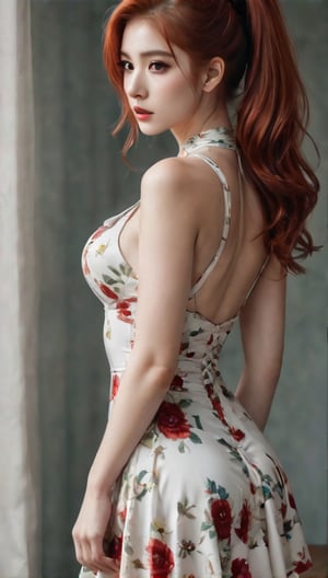 Create a woman tying her hairs in ponytail, pure,beautiful,white floral flared short dress,detailed eyes,lovely,long red hair,v form face,hourglass body.,photo r3al,aesthetic portrait,full body shot