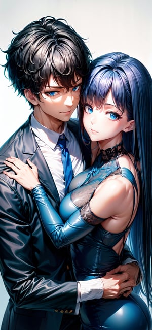 white background, 1girl, formal dress, blue dress , 1boy, suit, couple, hetero, hug, blue clothes, blue suit, blue hair, blue eyes, High detailed, Detailed face, best quality, Sexy Pose, masterpiece, csr style
