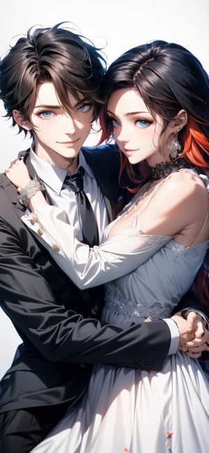 completely clothed , white background, 1girl, 1 boy who has an attractive male appearance ,couple, hug, hetero, formal cloghes , suit , dress, detailed, Detailed face, best quality,
 

 masterpiece, 1 girl, 1 boy, 1 couple, hug , random style, :) , 8k , smile , Saturated colors, multicolored female hair , High detailed, Color magic, Color saturation, hug,1boy,midjourney,More Detail