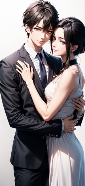 completely clothed , white background, 1girl, 1 boy who has an attractive male appearance ,couple, hug, hetero, formal cloghes , suit , dress, detailed, Detailed face, best quality,
 

 masterpiece, 1 girl, 1 boy, 1 couple, hug , random style, :) , 8k , smile , Saturated colors, multicolored female hair , High detailed, Color magic, Color saturation, hug,1boy
