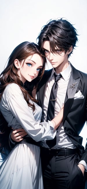 completely clothed , white background, 1girl, 1 boy who has an attractive male appearance ,couple, hug, hetero, formal cloghes , suit , dress, detailed, Detailed face, best quality,
 

 masterpiece, 1 girl, 1 boy, 1 couple, hug , random style, :) , 8k , smile , Saturated colors, multicolored female hair , High detailed, Color magic, Color saturation, hug,1boy,midjourney