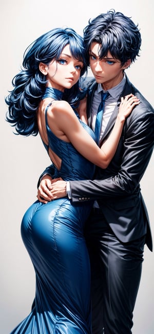 white background, 1girl, formal dress, blue dress , 1boy, blue suit, couple, hetero, hug, blue hair, blue eyes, High detailed, Detailed face, best quality, Sexy Pose, masterpiece, csr style