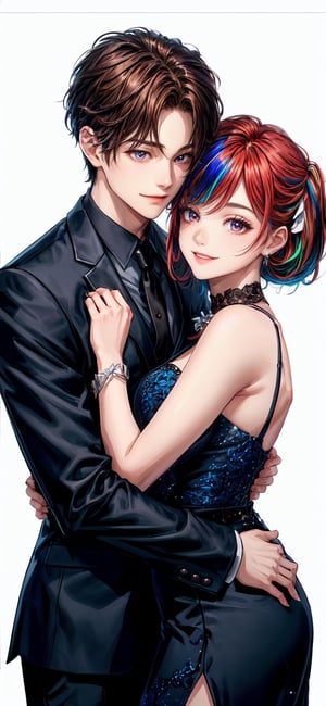 completely clothed , white background, 1girl, 1 boy who has an attractive male appearance ,couple, hug, hetero, formal cloghes , suit , dress, detailed, Detailed face, best quality,
 

 masterpiece, 1 girl, 1 boy, 1 couple, hug , random style, :) , 8k , smile , Saturated colors, multicolored female hair , High detailed, Color magic, Color saturation, hug,1boy