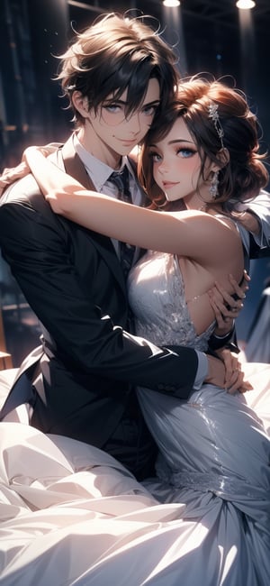 completely clothed , white background, 1girl, 1 boy who has an attractive male appearance ,couple, hug, hetero, formal cloghes , suit , dress, detailed, Detailed face, best quality,
 

 masterpiece, 1 girl, 1 boy, 1 couple, hug , random style, :) , 8k , smile , Saturated colors, multicolored female hair , High detailed, Color magic, Color saturation, hug,1boy,midjourney