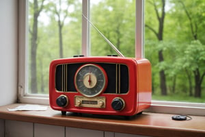 Realistic photo of a retro style radio from the golden age. The radio stands on the windowsill of an open window, behind it you can see the green trees on the street, which are out of focus. The radio is in very good condition. Bright red metal body, black control panel, white plastic volume controls. Glass dial of radio stations. The photo quality is very realistic, high quality rendering,