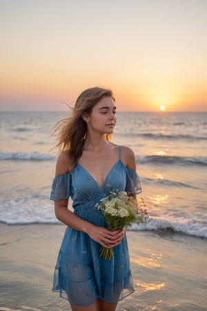 Professional photo shows a adorable young woman in a sheer short blue dress standing on the ocean at sunset on a summer day. She looks at the sunset, holding a small bouquet of wildflowers. It is quiet and calm around her, you can hear the sound of the surf and the singing of birds.