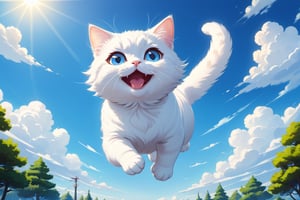 Happy anime white [cloud : cat chibi : 8], smiling and levitating in air. Realistic cartoon style, shadows, bright, contrasted illustration, blue, fluffy, soft, cat, cute. big eyes, glowing, cartoon, gradients, (open mouth: 0.8), sunny day. Artist Ilya Kuvshinov. Detailed, UHD, sharpness, high quality. Anime background, cartoon anime trees, blue sky, from bottom view