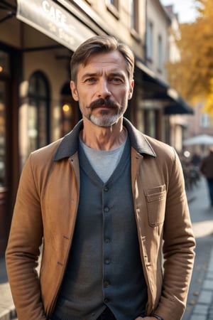 The photo depicts a handsome middle-aged man with a short beard and mustache standing on the street near an (((old cafe))). He appears to be approximately 40-45 years old, slim and strong, with attractive features. He has short-cropped hair. The scene takes place on a modern autumn sunny morning. Depth of blur, (((long shot))), professional quality, UHD, 8K, high contrast, good composition, photo_b00ster