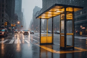 Cinematic photo of New York bus stop under the rain. Professional photo, UHD, 8K, detailed photo, masterpiece, great composition, best quality, contrasted