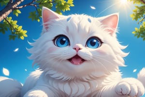 Happy anime white [fur pillow : cat chibi : 8], smiling and levitating in air. Realistic cartoon style, shadows, bright, contrasted illustration, blue, fluffy, soft, cat, cute. big eyes, glowing, cartoon, gradients, (open mouth: 0.8). Artist Ilya Kuvshinov. Detailed, UHD, sharpness, high quality. Anime background, cartoon anime trees, blue sky, from bottom view