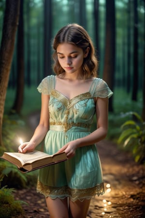 The photo shows a young girl in a short ((sheer)) mint green dress standing on a path in the forest (((at night))). She carefully examines an ancient book with an exquisite cover decorated with gold patterns. The frame close, with focus on the girl and the book.. Depth of blur, professional quality, UHD, 8K, high contrast, good composition, photo_b00ster