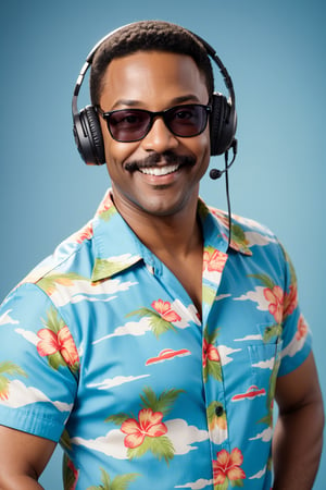 Studio portrait of a smilling black man radio host David D. Cooley with mustaches, dressed in a simple Hawaiian shirt, wears pilot sunglasses, studio headphones. Professional modern photo, colored, DSLR camera, full height shot, long shot