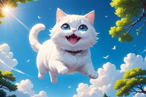 Happy anime white [cloud : cat chibi : 8], smiling and levitating in air. Realistic cartoon style, shadows, bright, contrasted illustration, blue, fluffy, soft, cat, cute. big eyes, glowing, cartoon, gradients, (open mouth: 0.8). Artist Ilya Kuvshinov. Detailed, UHD, sharpness, high quality. Anime background, cartoon anime trees, blue sky, from bottom view