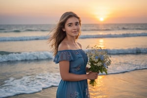 Professional photo shows a adorable young woman in a sheer short blue dress standing on the ocean at sunset on a summer day. She looks at the sunset, holding a small bouquet of wildflowers. It is quiet and calm around her, you can hear the sound of the surf and the singing of birds.