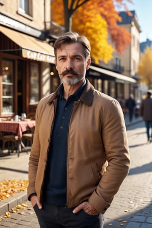 The photo depicts a handsome middle-aged man with a short beard and mustache standing on the street near an (((old cafe))). He appears to be approximately 40-45 years old, slim and strong, with attractive features. He has short-cropped hair. The scene takes place on a modern autumn sunny morning. Depth of blur, long shot, professional quality, UHD, 8K, high contrast, good composition, photo_b00ster
