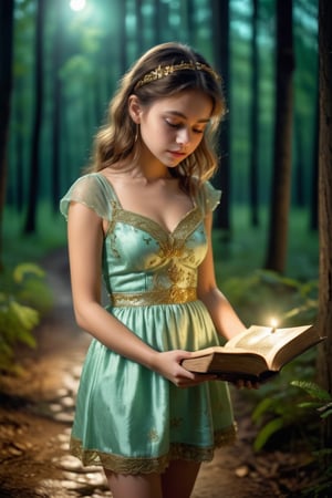The photo shows a young girl in a short sheer mint green dress standing on a path in the forest (((at night))). She carefully examines an ancient book with an exquisite cover decorated with gold patterns. The frame close, with focus on the girl and the book.. Depth of blur, professional quality, UHD, 8K, high contrast, good composition, photo_b00ster