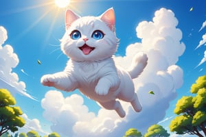 Happy anime white [cloud : cat chibi : 8], smiling and levitating in air. Realistic cartoon style, shadows, bright, contrasted illustration, blue, fluffy, soft, cat, cute. big eyes, glowing, cartoon, gradients, (open mouth: 0.8), sunny day. Artist Ilya Kuvshinov. Detailed, UHD, sharpness, high quality. Anime background, cartoon anime trees, blue sky, from bottom view