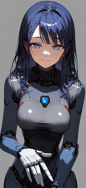 navy blue robot, metal details, high Contrast, nori, smile, high contrast, robot girl, simple background, Solo, sexy and hot, (masterpiece, best quality), framing intense, dynamic angle, standing, smile face, random hand position:1.4, perfect hands and fingers, High detailed , Detailed face, Expressiveh, concept art