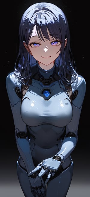 blue robot, metal details, high Contrast, nori, smile, high contrast, robot girl, simple background, Solo, sexy and hot, (masterpiece, best quality), framing intense, dynamic angle, standing, smile face, random hand position:1.4, perfect hands and fingers, High detailed , Detailed face, Expressiveh, concept art