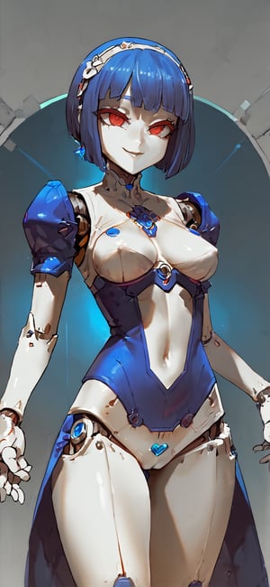 high contrast, robot girl, simple background, Solo, sexy and hot, asanagi, (masterpiece, best quality), framing intense, View from the front, dynamic angle, standing, smile face, random hand position:1.4, perfect hands and fingers, High detailed , Detailed face, Expressiveh, concept art,Bartolomeobari