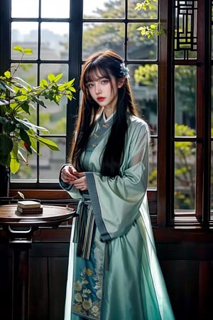 High Quality, Lossless, Clean, Raw, High Quality, Lossless, Clean, Raw, HD, girl, alone, clear lights, bangs in her hair, blue eyes, beautiful girl, perfect body, Color Booster,Realism, 1girl, solo, long hair, looking at viewer, skirt, black hair, hair ornament, long sleeves, standing, flower, indoors, wide sleeves, book, window, chinese clothes, table, plant, book stack
