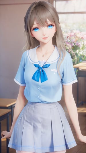 aesthetic portrait, masterpiece, best quality, highly detailed, masterpiece, best quality, absurdres,extremely detailed CG unity 8k wallpaper,{extremely detailed cg},

beautiful anime woman,tender smile,detailed eyes, beautiful detailed face, long_flaxen_hair, detailed azure_eyes, white_shirt, short skirt, pantyhose, standing, perfect female body, classroom background, lighting,}, solo, ,blue eyes,1girl