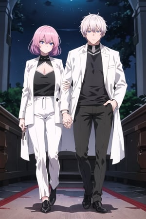 full_body,masterpiece, best quality,satoru_gojo,190cm,gloomy,highres,high quality,extremely detailed,grandblue eyes,white_skin,grim,white_hair,white_coat_unzipped,black_pants,clothing cutout,(holding one hands with_1girl),lucid,pink_hair,160cm,pink_eyes&huge_tits,Casual Wear