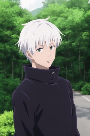masterpiece,highres,high quality,extremely detailed,solo,outdoors, looking at viewer, SatoruGojo,1man, black jacket,popped collar,gojo satoru, white hair, forest