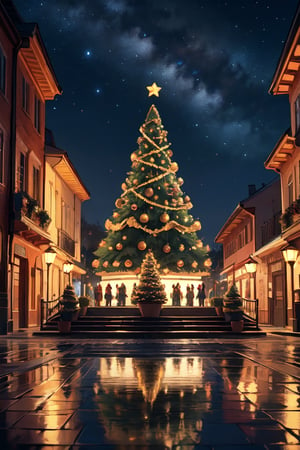 Silhouette of a big Christmas Tree in the town, Christmas lighting, (realism: 1.2), Best Quality, Masterpiece, Natural Light, (RAW Photo, Best Quality, Masterpiece: 1.2), Ray-traced reflections, ultra-high resolution, 16k images, depth of field, starry sky, Anime Art Wallpaper 4K, Anime Art Wallpaper 4K, Anime Art Wallpaper 8K, amazing wallpaper,