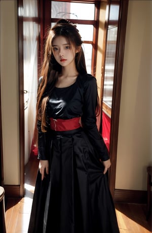 (glamour1.3) photo of a beautiful (teenage) woman with visible collarbone,  , Aesthetic,  dramatic lighting, cinematic shot, 50mm lens, rule_of_thirds, Fujicolor_Pro_Film,asian girlm, windlift, black_skirt, dress, standing, red hakama, red long skirt, long skirt,Hair