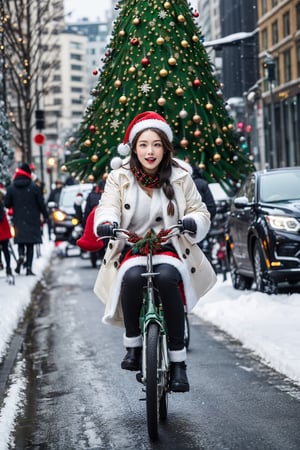 beauty girl riding a bike on a winter street. She is bundled up in warm winter attire, possibly wearing a Santa Costume with a white coat, red scarf, and red gloves and santa hat. The winter setting is characterized by the chilly air and perhaps falling snowflakes. The scene captures the energy of a beauty girl commuting on a bicycle during the brisk winter months, combining the elements of daily life, seasonal attire, and transportation,The city center is lined with high-rise buildings crowded with people, ((There is a huge Christmas tree on the street:1.4)), heavy snow,SGBB
