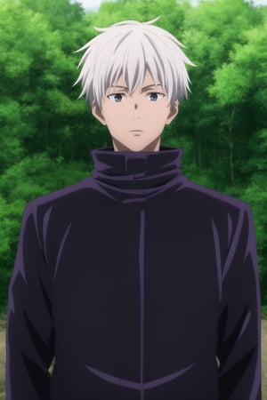 masterpiece,highres,high quality,extremely detailed,solo,outdoors, looking at viewer, SatoruGojo,1man, black jacket,popped collar,gojo satoru, white hair, forest