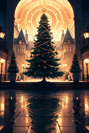 Silhouette of a big Christmas Tree in the town, Christmas lighting, (realism: 1.2), Best Quality, Masterpiece, Natural Light, (RAW Photo, Best Quality, Masterpiece: 1.2), Ray-traced reflections, ultra-high resolution, 16k images, depth of field, starry sky, Anime Art Wallpaper 4K, Anime Art Wallpaper 4K, Anime Art Wallpaper 8K, amazing wallpaper,