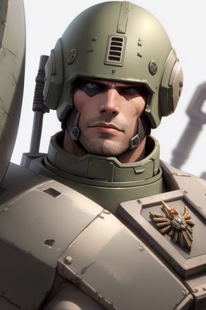 space marine, armored,color: green, warhammer space marines, no helmet, face reveal