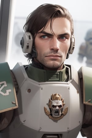 space marine, armored,color: green, warhammer space marines, no helmet, face reveal, eyes: brown