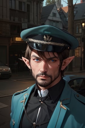 semi elf, german uniform, blue eyes, macho man