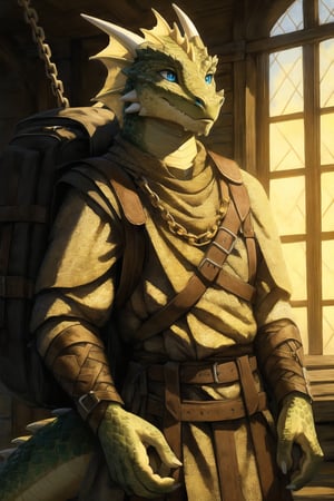 (perfect scales),(perfect eyes),(beautiful hands),(Hands:1.1),better_hands,dragonborn with lime green scales and yellow spots,golden clothes with brown straps in the medieval noble style,Medieval travel backpack,blue_eyes,golden chain mail with brown straps in medieval noble style,light armor